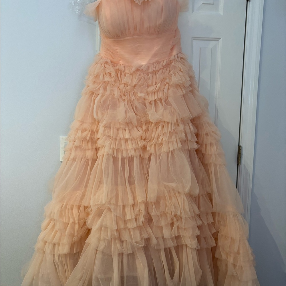 Mac Duggal Pink Strapless Tulle Ruffled Maxi Dress - Picture 4 of 10